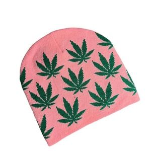 Pink Beanie Hat Green Marijuana Leaf All Over Print Winter Warm Knit
